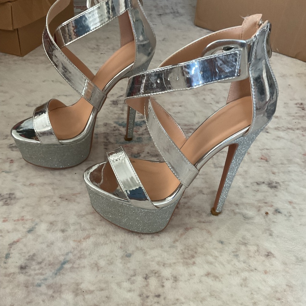 Silver Strappy Platform Heels